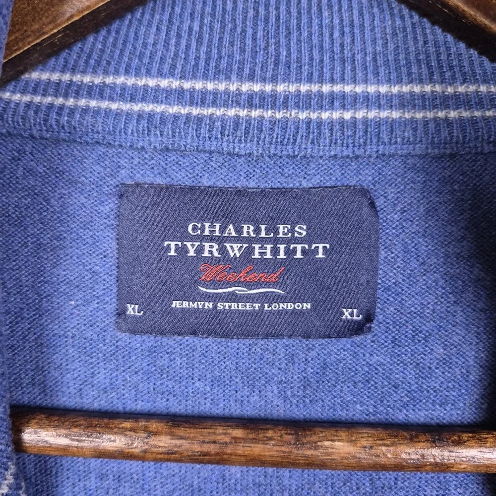Charles Tyrwhitt Blue Cotton Cashmere Quarter Zip‎ Sweater Mens XL Preppy